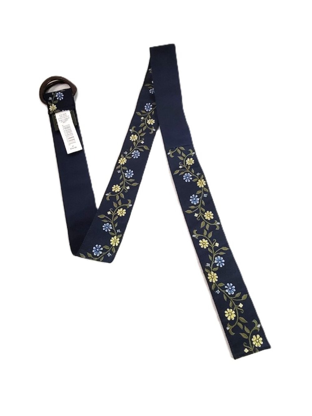 NWT Eddie Bauer Navy Blue Floral Jacquard Ribbon Leather O-Ring Belt M